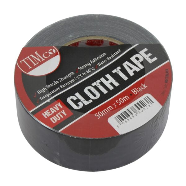 Timco 50m x 50mm Heavy Duty Cloth Tape - Black 1 Pack (HDCTBLACK) (HDCTBLACK)