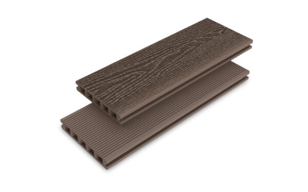 All our composite decking boards come double-sided giving you the option to choose between wood grain or grooved decking or a mixture of both, simply by turning the board to suit your design.
The dark rich tones of our Chocolate decking boards deliver an eye-catching yet sophisticated appearance to your outdoor space giving you an ideal mix of durability and beauty.